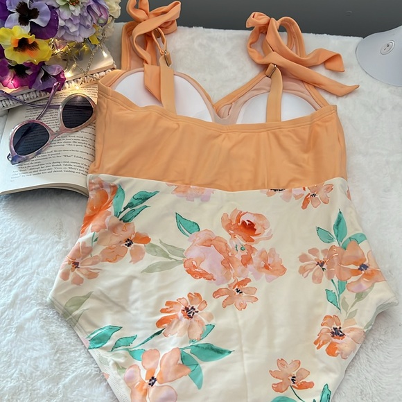 NWT NIP Cupshe orange and floral bathing suit SIZE:OX - Picture 4 of 8